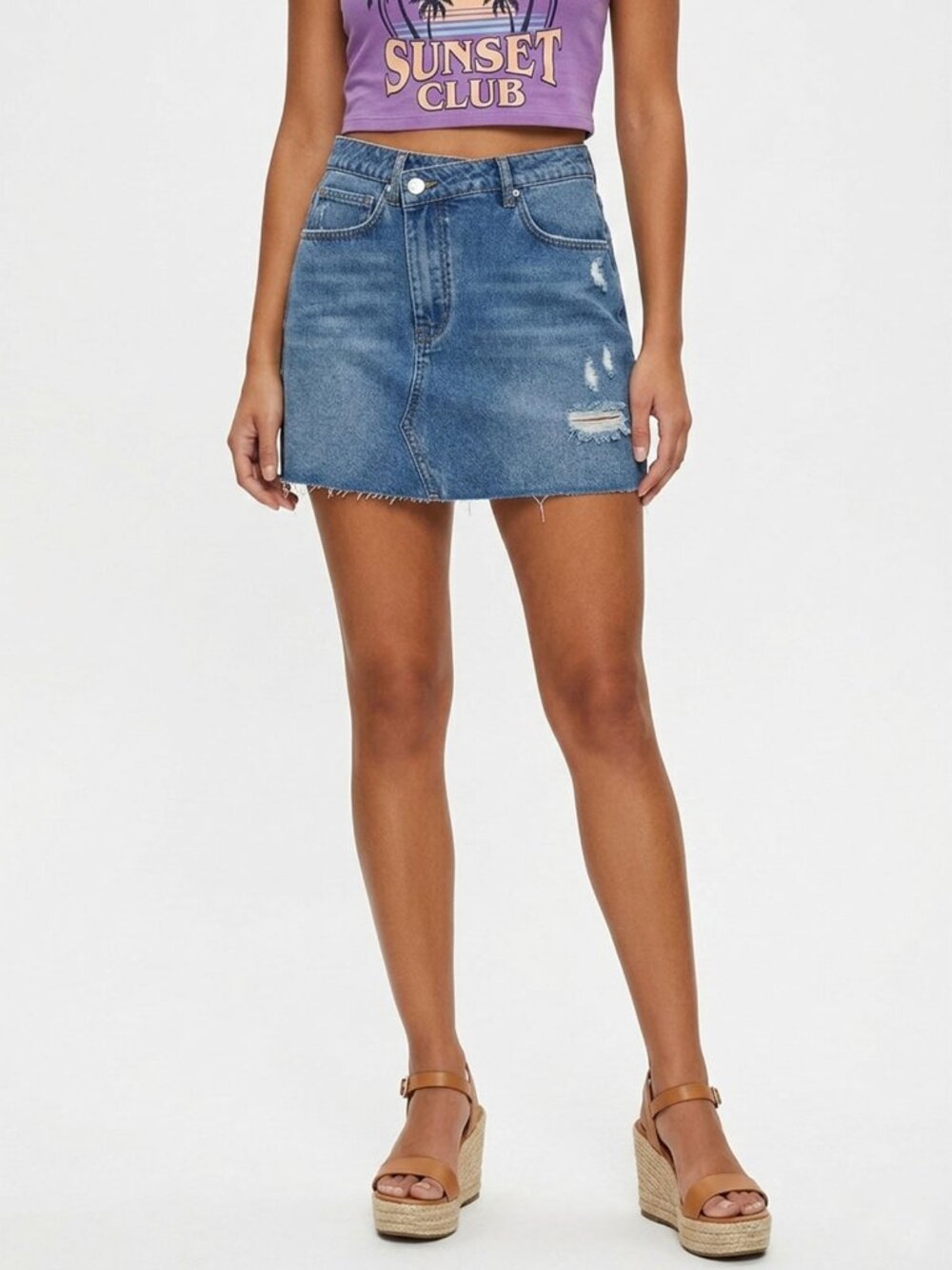 Forever 21 Crossover Denim Mini Skirt Medium NWT Distressed Asymmetric Y2K Vibes